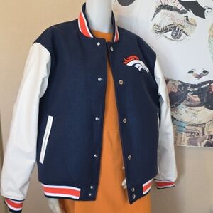 BNEW WITH TAGS DENVER BRONCOS FOOTBALL NFL NAVY ORANGE BOMBER Varsity Jacket S